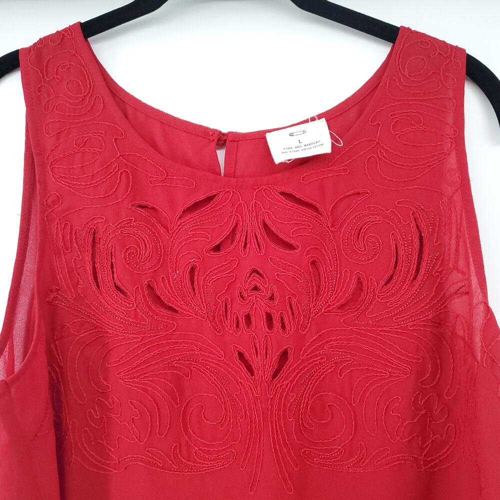 Anthro Pins + Needles Womens L Red Boho Floral Embroidered Laser Cut Tank Blouse - Picture 3 of 12